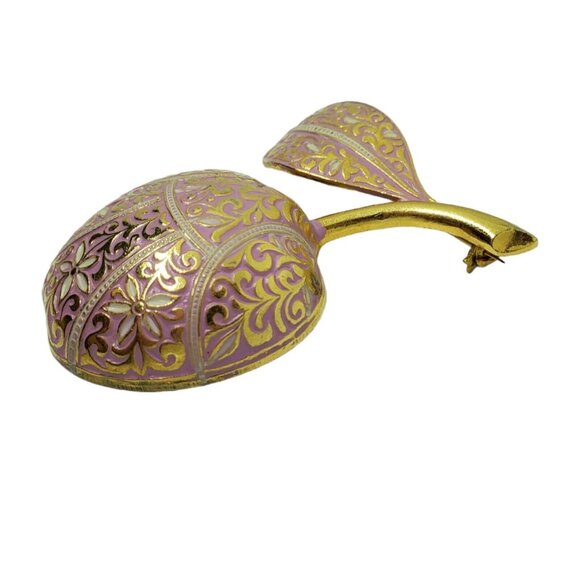 Vintage Estate Pink Enamel Damascene Cherry Brooch Gold Tone 2 1/8" Fruit Pin - Picture 4 of 9